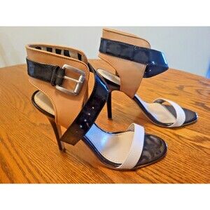 GUESS Women Size 7M Black Patent Leather Stiletto Heels 4.5 Cream and Tan